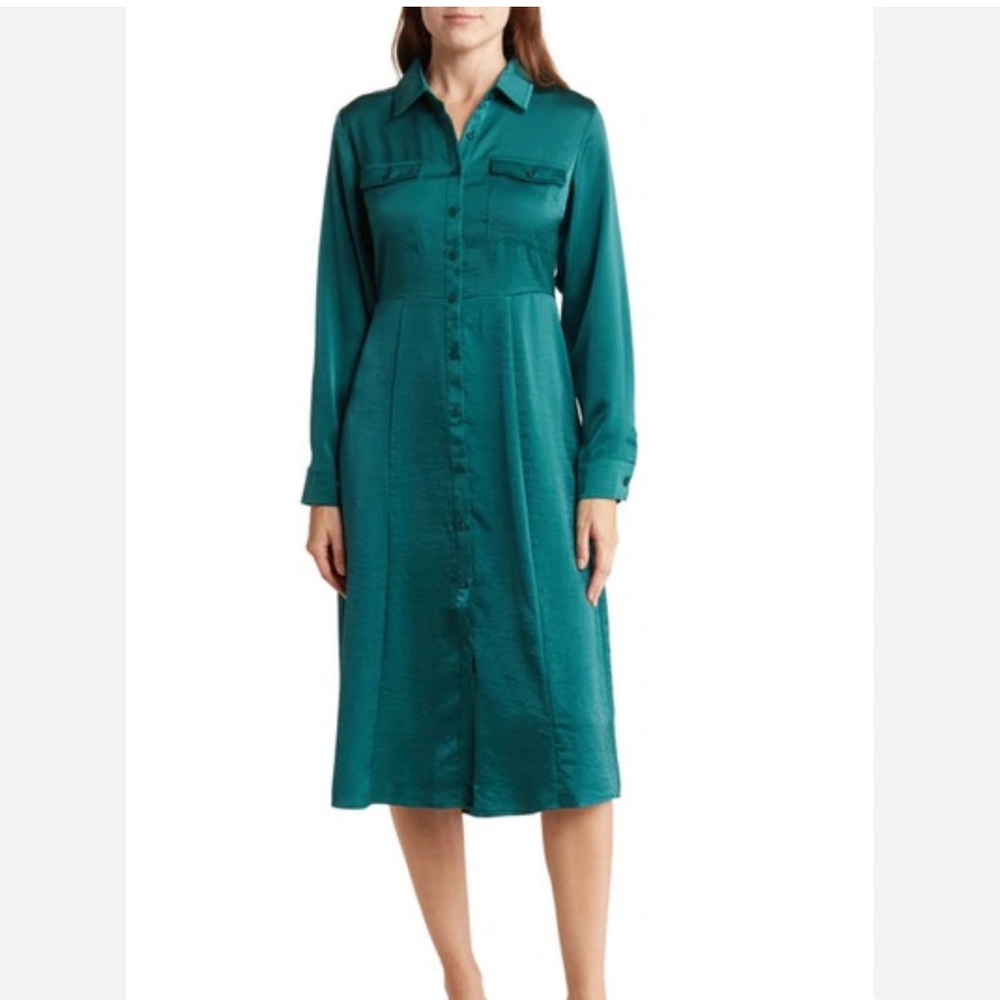 NWT Lucky Brand Boho Green Satin Long-Sleeve Shirt Dress with Tie Waist size L